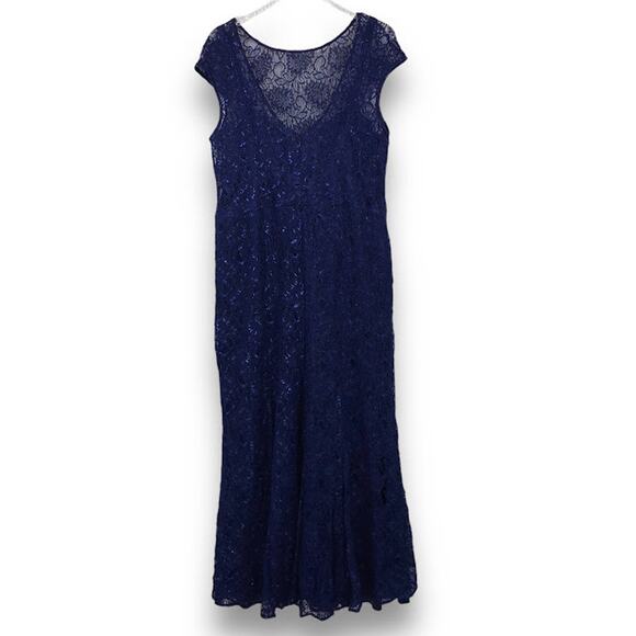 Theia Shimmering Element Gown 18 Metallic Floral Lace Cap Sleeve Crew Maxi Blue - Picture 1 of 6